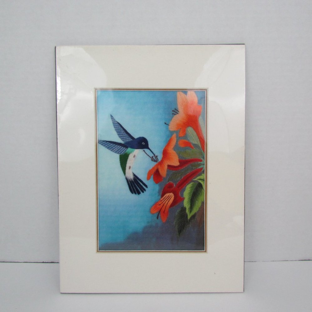 Embroidered Blue head Hummingbird eating Nectar from Orange Flowers Wall Art